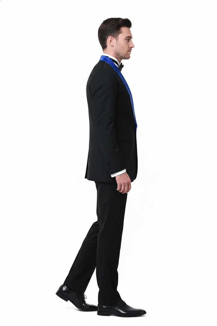 Men’s Black Tuxedo with Royal Blue Shawl Lapel - Modern Formal Dinner Jacket Suit + Pants for Weddings, Proms by USA Men's Outlet