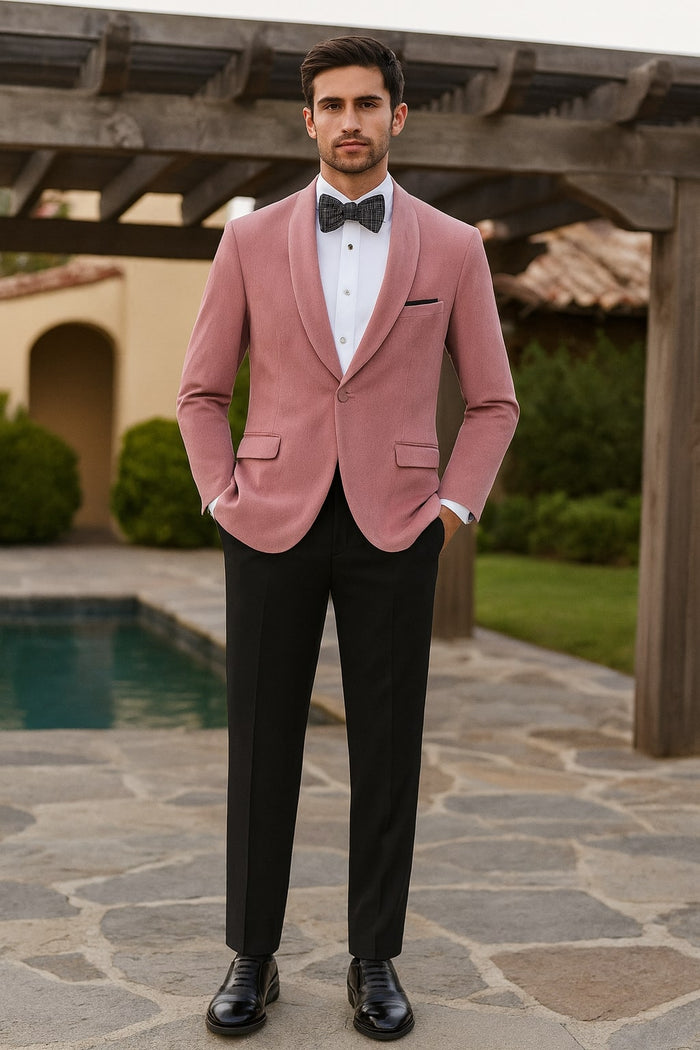 Mens Pink Velvet Tuxedo Dinner Jacket with Shawl Lapel - Slim Fit Blazer for Weddings, Prom in Rose Gold Color by USA Men's Outlet