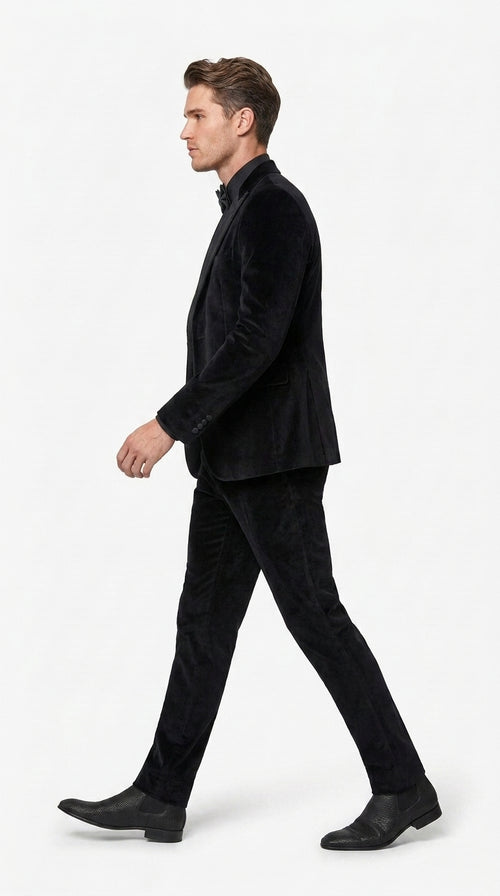 Men’s Black Velvet Tuxedo Suit – Peak Lapel Wedding, Prom and Formal Evening Velvet Pants