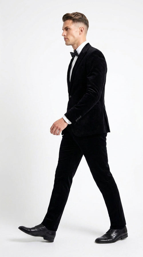 Men’s Black Velvet 2-Piece Suit – Notch Lapel Wedding, Prom and Formal Evening Suit