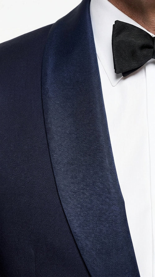 Men’s Navy James Bond Tuxedo Dinner Jacket – Satin Shawl Lapel Wedding, Prom and Black-Tie Blazer