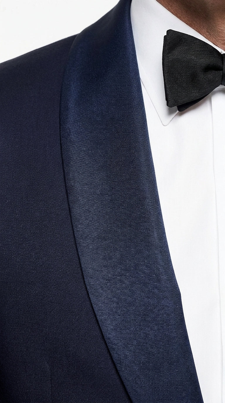 Men’s Navy James Bond Tuxedo Dinner Jacket – Satin Shawl Lapel Wedding, Prom and Black-Tie Blazer