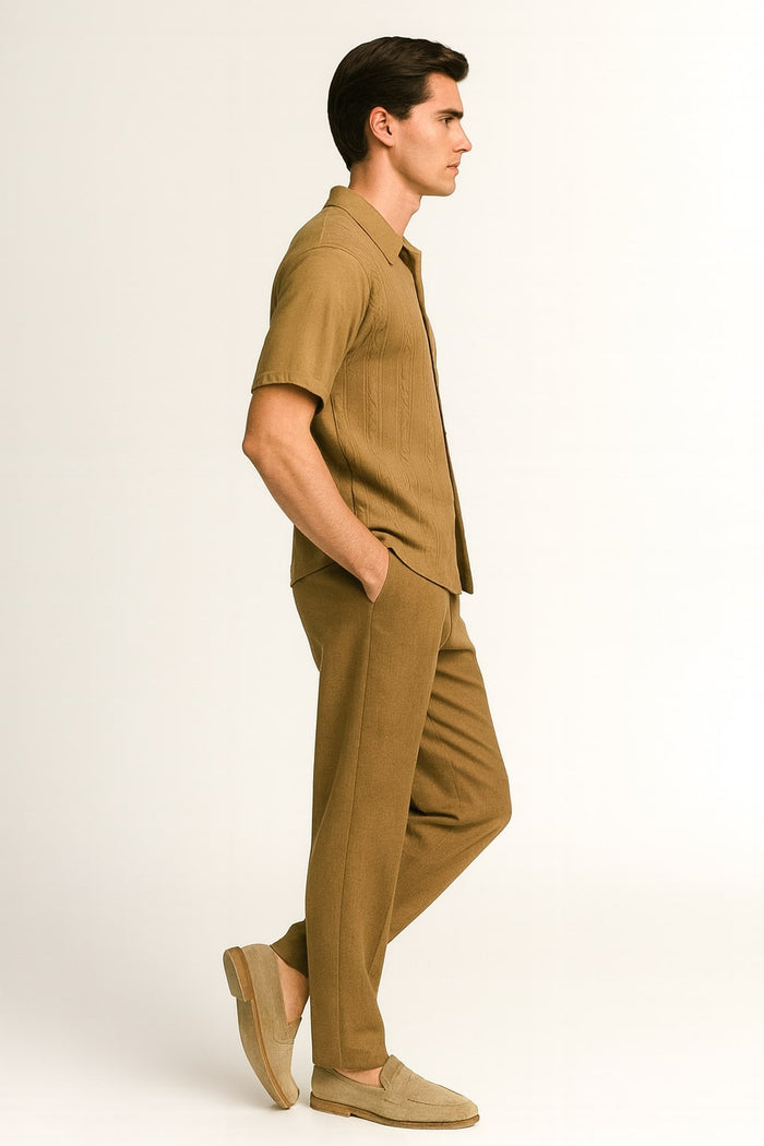 Mens Mocha Brown Short Sleeve Knit Walking Suit - Two-Piece Casual Button Down Set in Taupe Coffee Color USA Men's Outlet