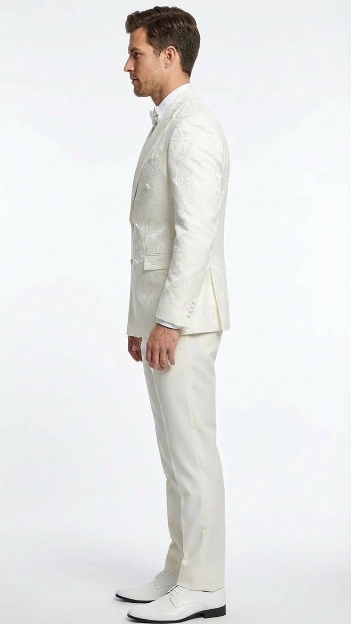 Men’s Ivory Double Breasted Tuxedo Dinner Jacket - Textured Blazer Paisley Texture Pattern in Off White Cream Color + Bowtie by USA Men's Outlet