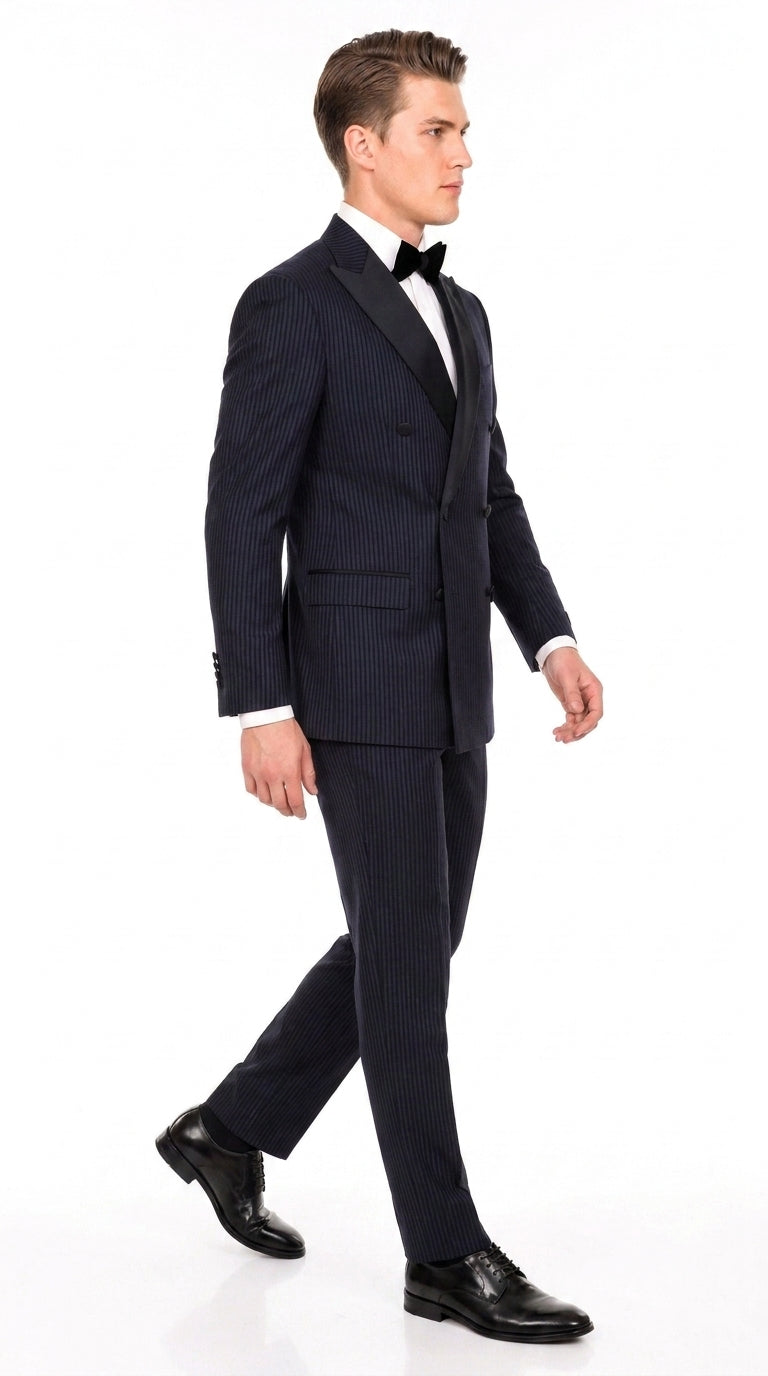 Men’s Navy Blue Double-Breasted Tuxedo – Tone-on-Tone Shadow Pinstripe Formal Wedding and Prom Suit