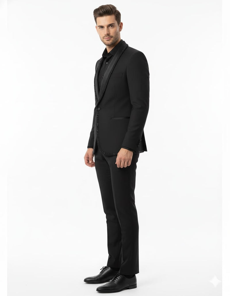 Mens Classic Black Designer Tuxedo Suit with Beaded Lapel – Elegant Formal and Party Wear Jacket and Pants
