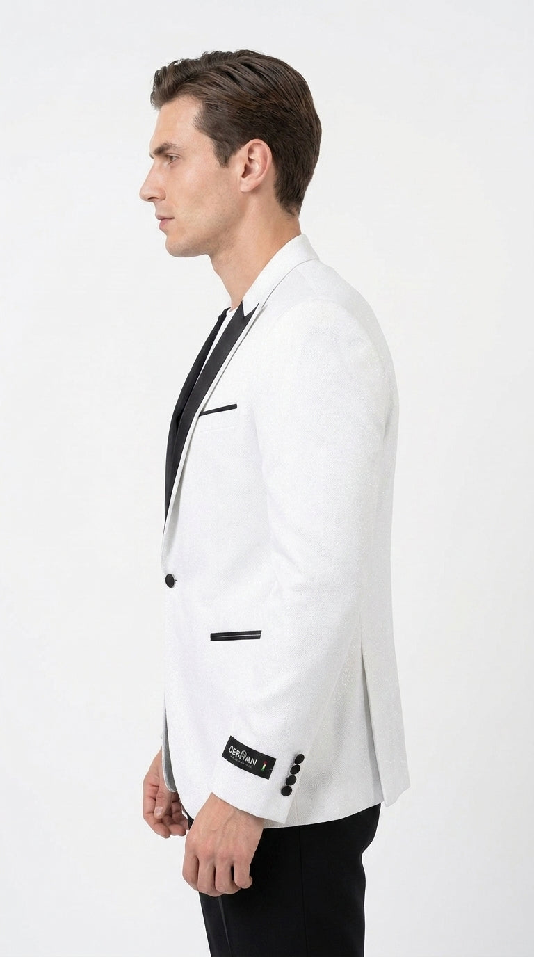 Men's White Sparkle Dinner Jacket – Black Satin Shawl Lapel Tuxedo Blazer   Slim Fit Sequin Shiny Prom Jacket