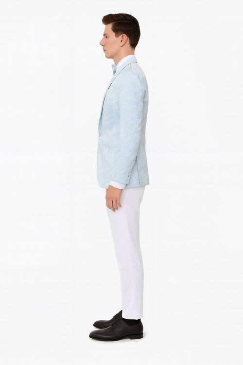 Mens Light Blue Paisley Tuxedo Jacket with Matching Bow Tie – Slim Fit Blazer for Weddings, Prom, and Formal Events
