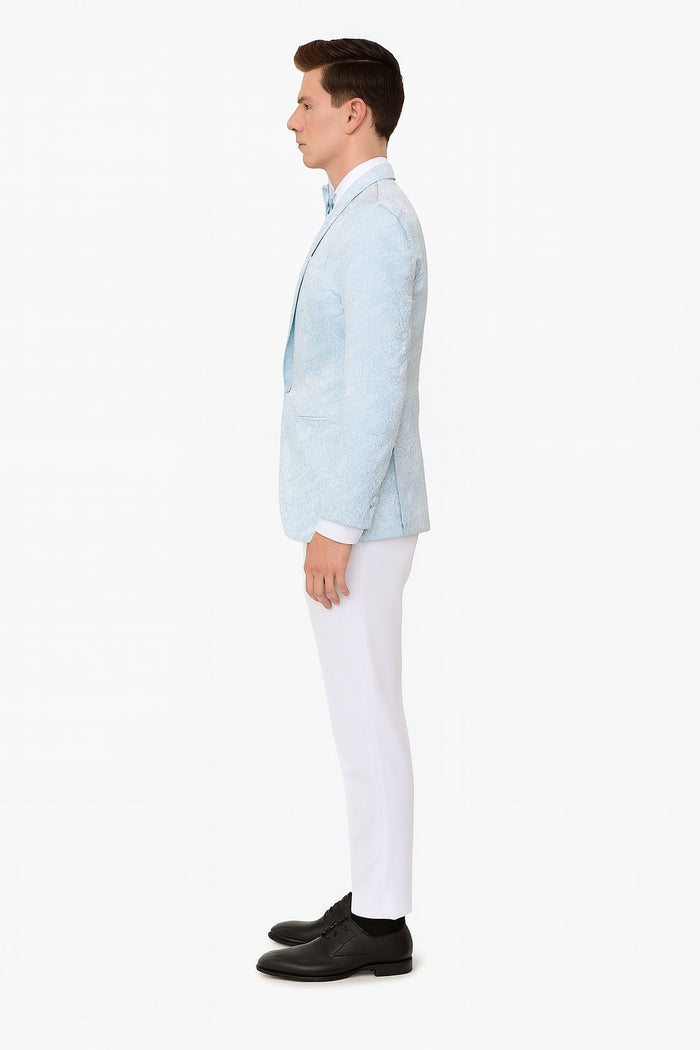 Mens Light Blue Paisley Tuxedo Jacket with Matching Bow Tie - Slim Fit Blazer for Weddings, Prom, and Formal Events by USA Men's Outlet