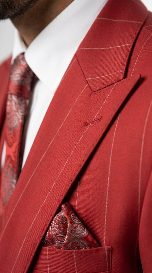 Men’s Red & White Pinstripe 3-Piece Suit by Mazari – Peak Lapel Classic Fit Gangster Suit with Pleated Pants