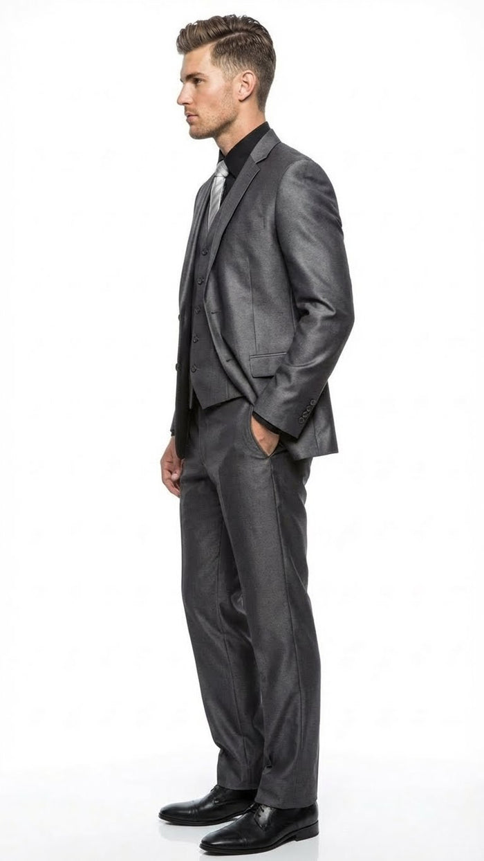 Mens Charcoal Gray Suit With Sheen - - Shiny Texture Fabric Three Piece Wedding and Party Business by USA Men's Outlet
