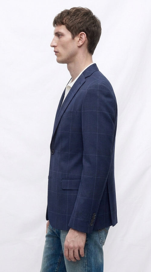 Men’s Navy Blue Plaid Wool Blazer – English Style Textured Wool Winter Sport Coat Windowpane pattern