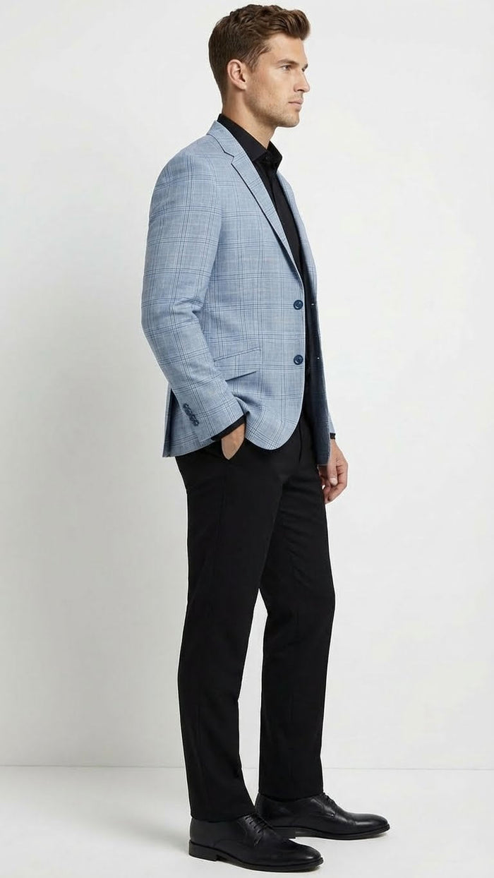 Men’s Big and Tall Light Blue Checkered Blazer and Sport Coat - Sky powder blue windowpane plaid pattern Jacket by USA Men's Outlet