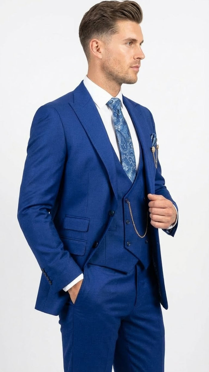Men’s Royal Blue 3 Piece Suit Set with Vest - Formal Wedding and Party Wear Suit - Saphire Cobalt blue by USA Men's Outlet