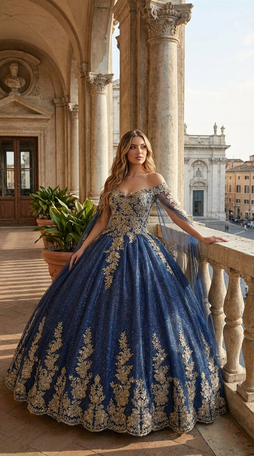 Layla K LK221 Cape Sleeves Corset Embroidered Quinceañera Ball Gown