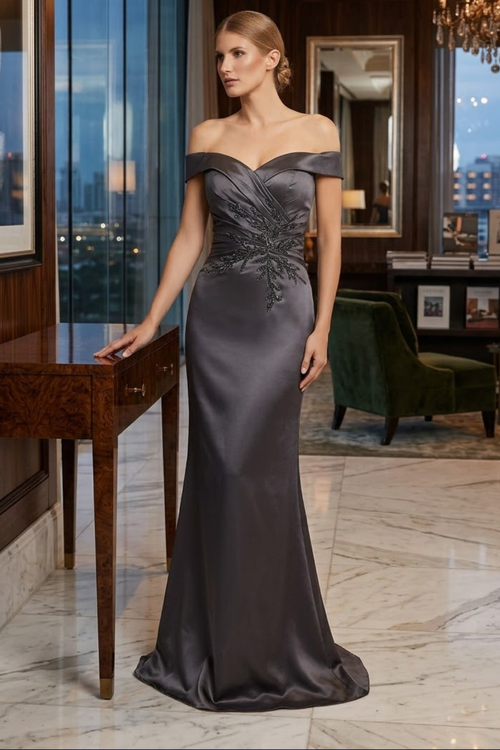 Nox Anabel MT108 Stunning Off-Shoulder Satin Fitted Gown