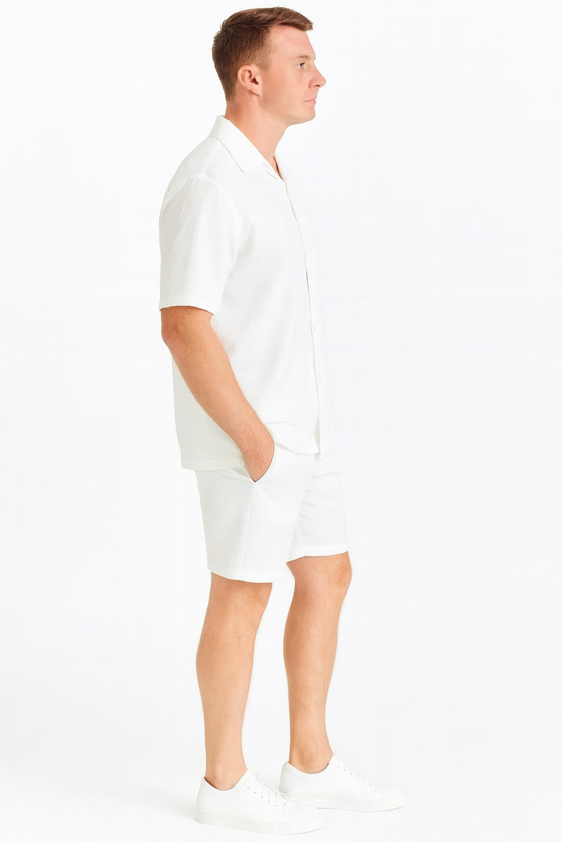 Mens White Seersucker Short Set – Lightweight Summer Outfit with Shirt and Shorts