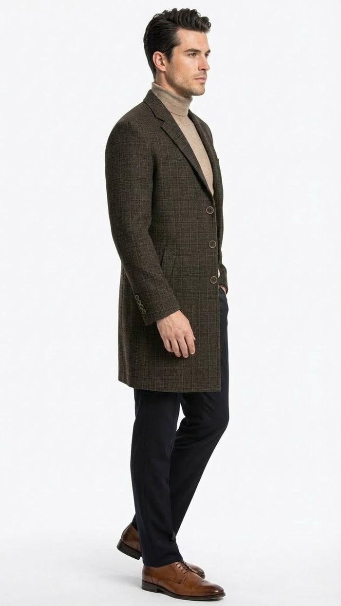 Men’s Brown Checkered Wool Overcoat - Long Winter Coat with Classic Plaid Pattern By Statement USA Men's Outlet