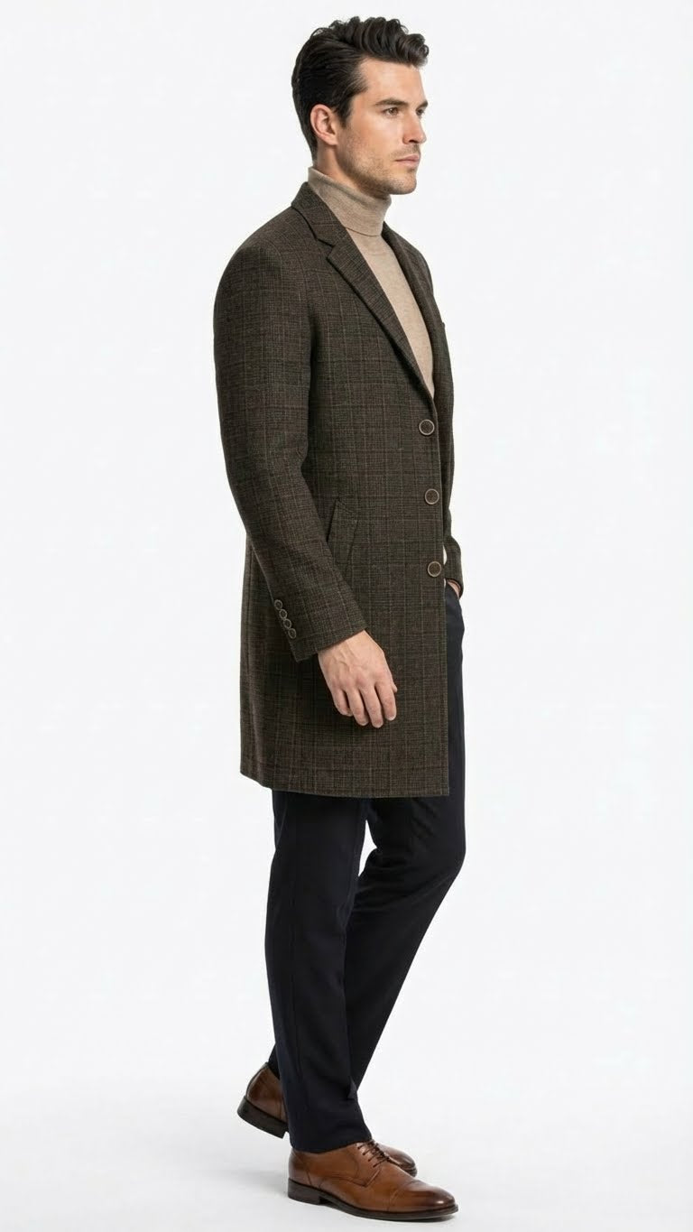 Men’s Brown Checkered Wool Overcoat - Long Winter Coat with Classic Plaid Pattern By Statement USA Men's Outlet