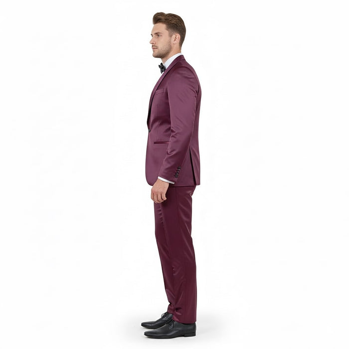 Mens Sateen Shiny Burgundy Slim Fit Tuxedo - Satin Shawl Lapel 3-Piece Suit by USA Men's Outlet
