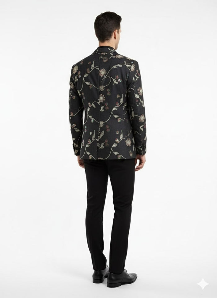 Luxury Black Floral Embroidered Blazer for Men - Designer Party and Wedding Wear Jacket by USA Men's Outlet