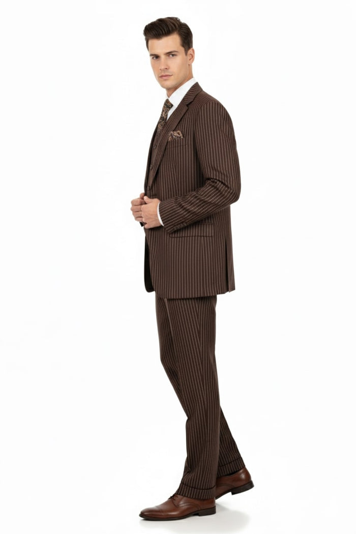Men’s Brown Pinstripe 3-Piece Suits - Classic Business and Formal Wear with Vest by USA Men's Outlet