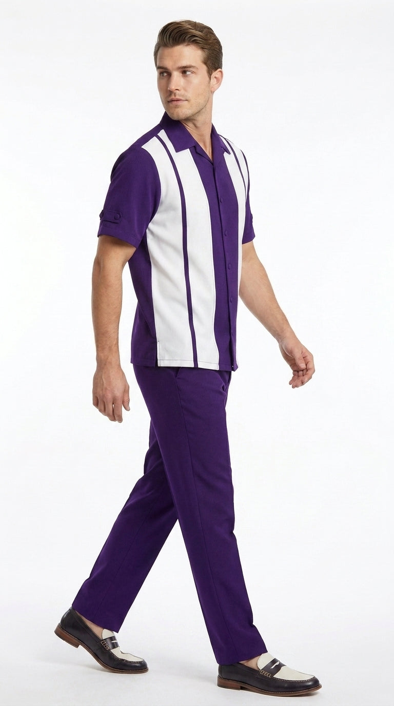 Men’s Purple and White Walking Suit – 2-Piece Short Sleeve Casual Leisure Outfit