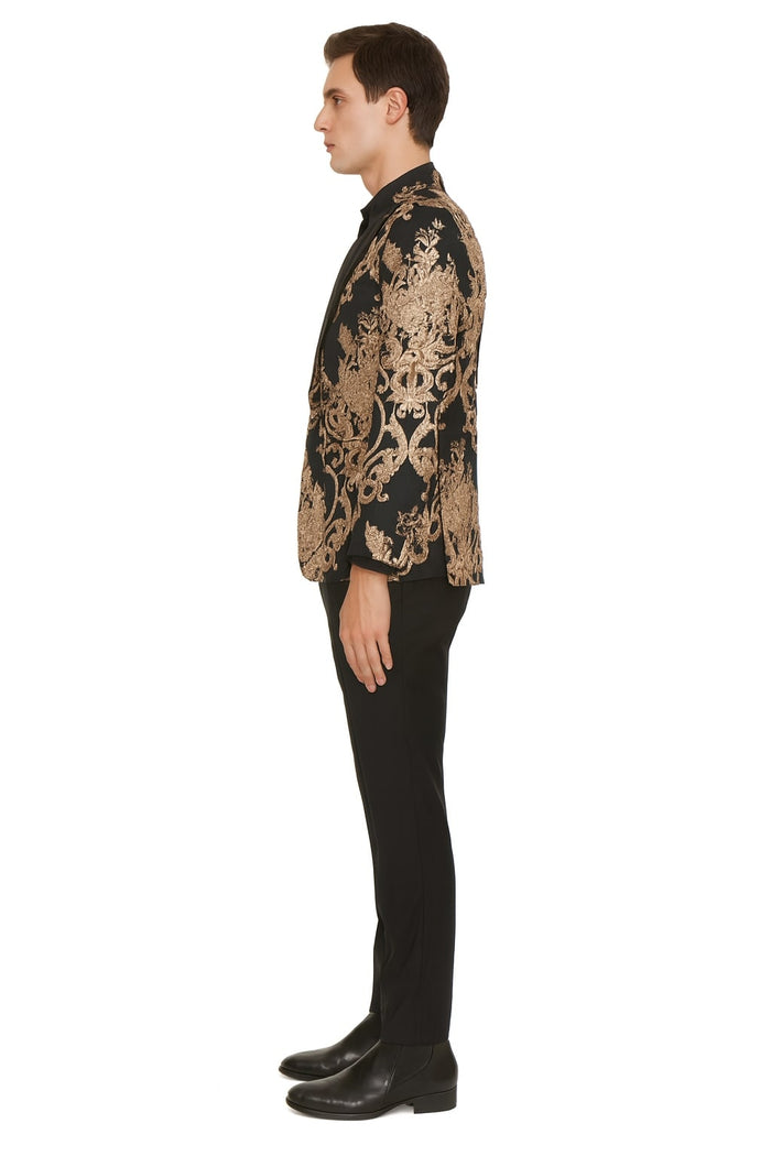 Mens Black and Rose Gold Floral Embroidered Blazer Suit Black Pants - Luxury Tuxedo Jacket for Weddings, Proms and Parties by USA Men's Outlet