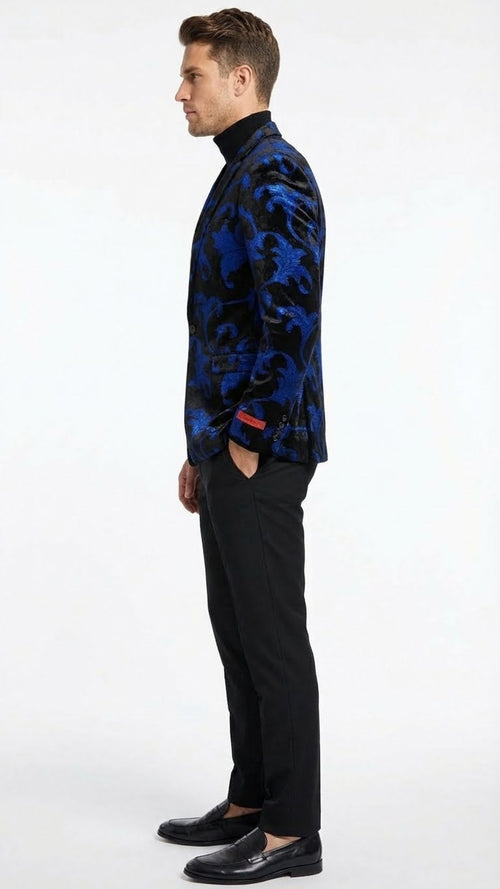 Men’s Black and Royal Blue Patterned Blazer – Paisley Floral Sport Coat Prom Jacket