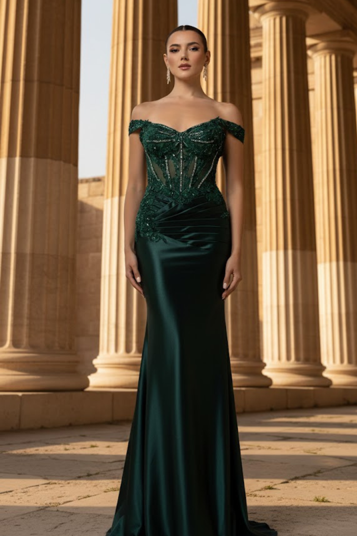 Off-Shoulder Beaded Evening Gown Formal Satin Mermaid Dress By May Queen MQ2180