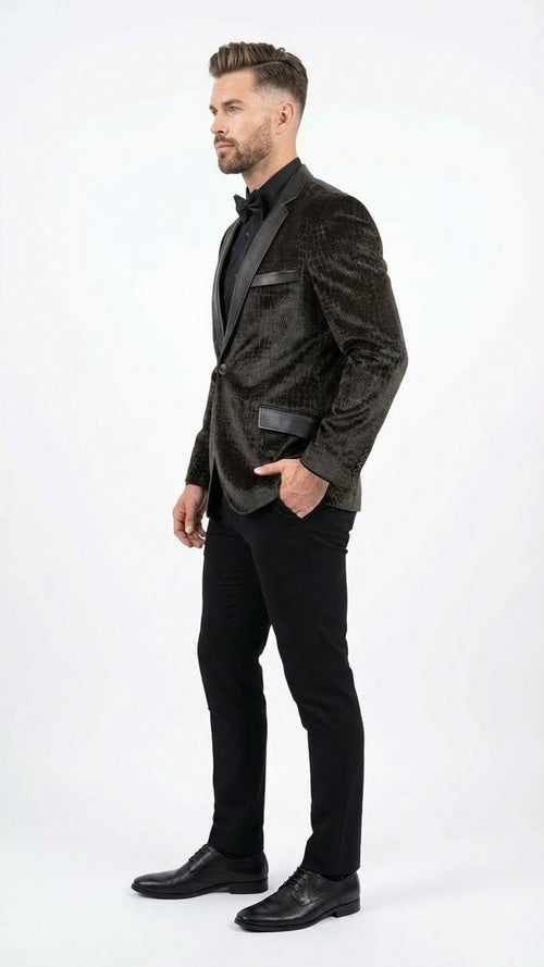 Men’s Crocodile Alligator Exotic skin Texture Blazer - Slim Fit Designer Jacket with Satin Lapels for Formal and Party Wear in Black Color USA Men's Outlet