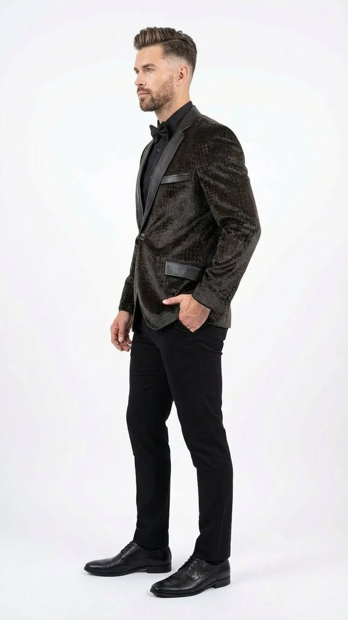 Men’s Crocodile Alligator Exotic skin Texture Blazer - Slim Fit Designer Jacket with Satin Lapels for Formal and Party Wear in Black Color USA Men's Outlet