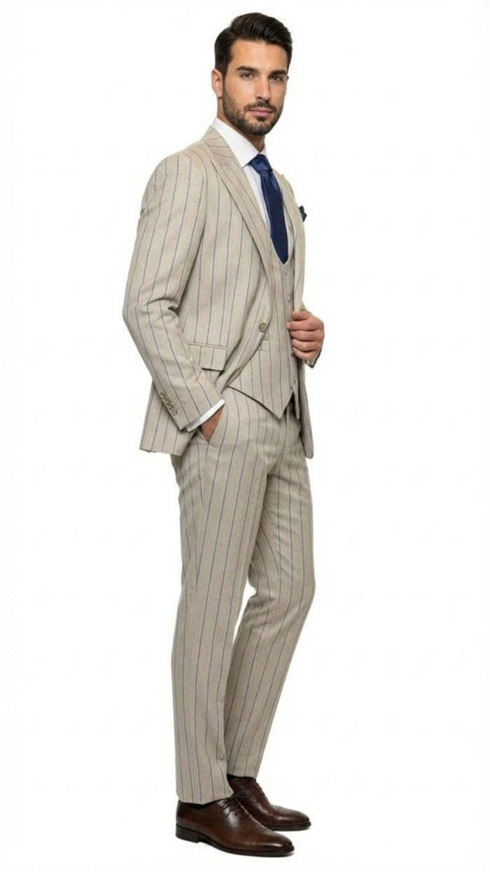 Men's Beige with blue Pinstripe Three-Piece Suit with Vest by Rossiman Vested Peak Lapel in Tan Stripe 1920s style by USA Men's Outlet