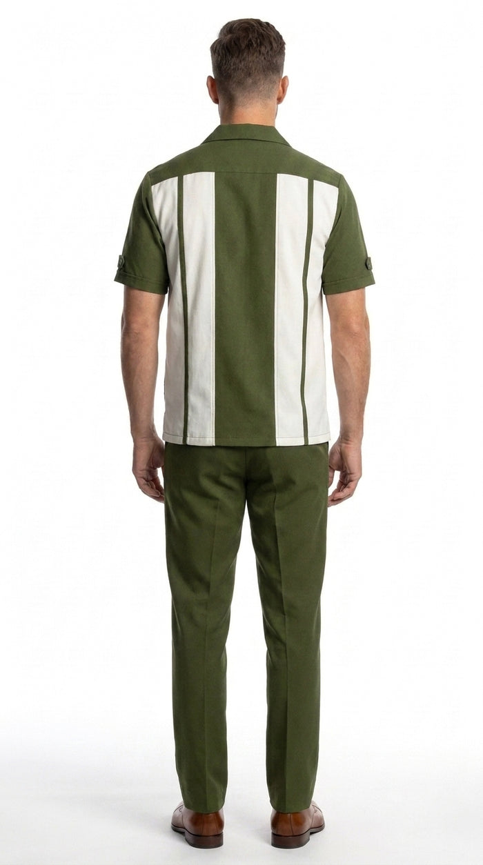 Men’s Olive Green and White Walking Suit – 2-Piece Short Sleeve Casual Leisure Outfit