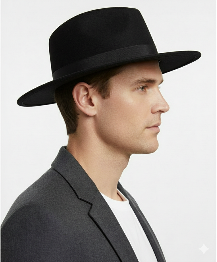 Men’s Black Wide Brim Fedora Hat - Classic Wool Felt Dress Hat with Matching Black Band by USA Men's Outlet