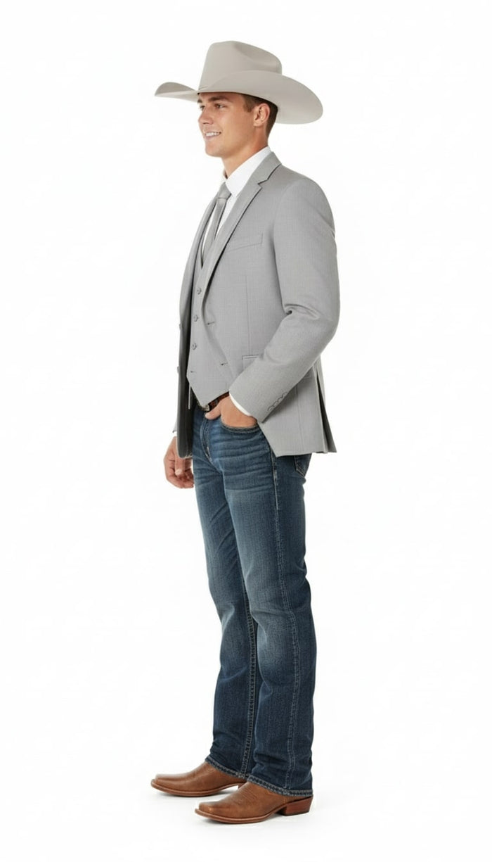Saco Vaquero Mens Western Wedding Blazer – Light Gray Cowboy Suit Jacket for Rustic and Country Weddings