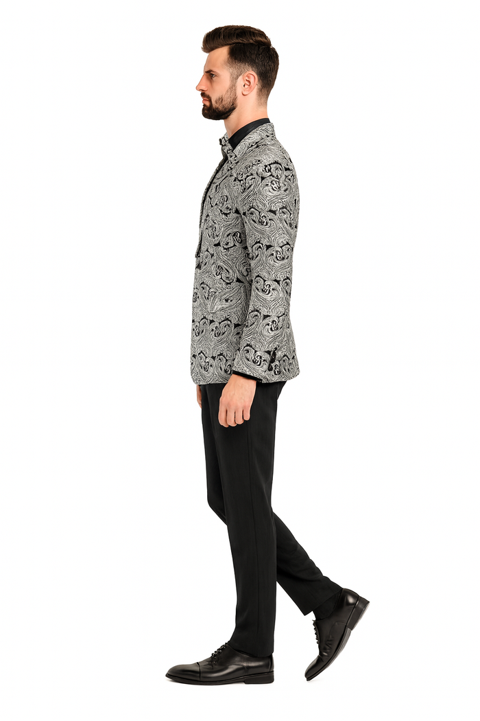 Men’s Black and Silver Paisley Tuxedo Jacket - Slim Fit Dinner Blazer with Matching Bow Tie with Black Pants by USA Men's Outlet