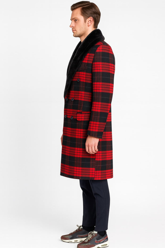 Mens Red and Black Plaid Wool Overcoat with Black Faux Fur Shawl Collar - Double-Breasted Winter Coat - Tartan Design by USA Men's Outlet