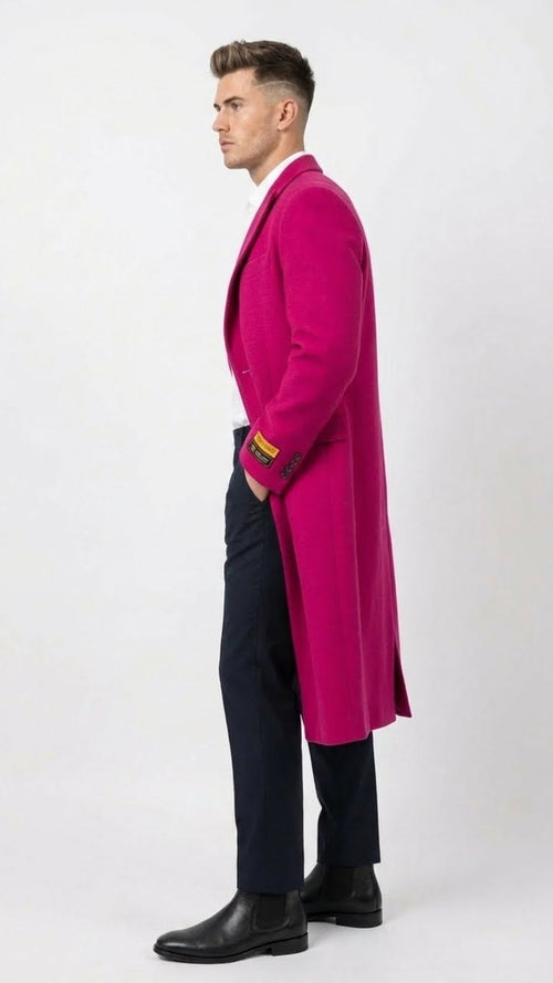 Men’s Hot Pink Wool Blend Overcoat – Topcoat Carcoat Winter Fabric