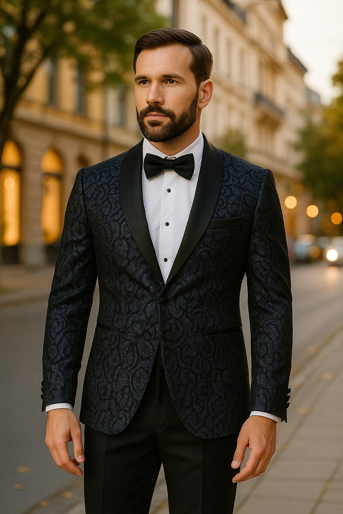 Mens Navy Black Glitter Floral Tuxedo Dinner Jacket with Satin Lapel- Blue Blazer Sequin Fabric by USA Men's Outlet