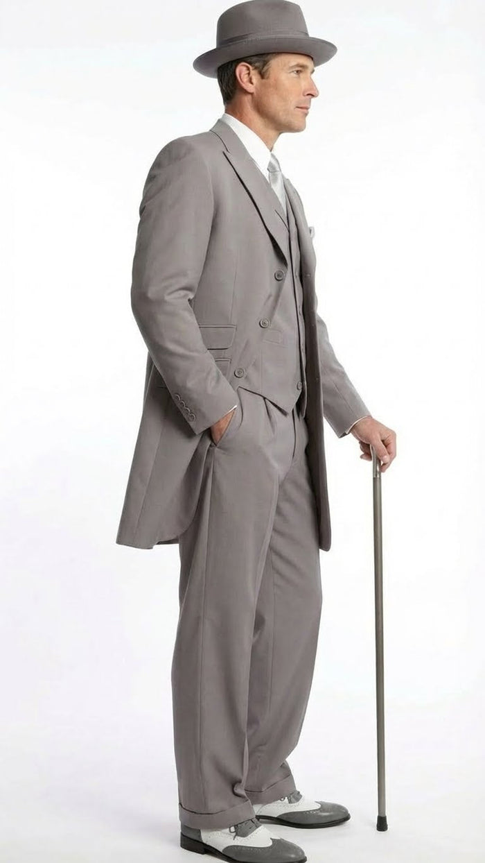 Men’s Gray Zoot Suit with Matching Hat and 1920s Shoes - Grey Vintage Wedding and Party Three Piece Suit by USA Men's Outlet