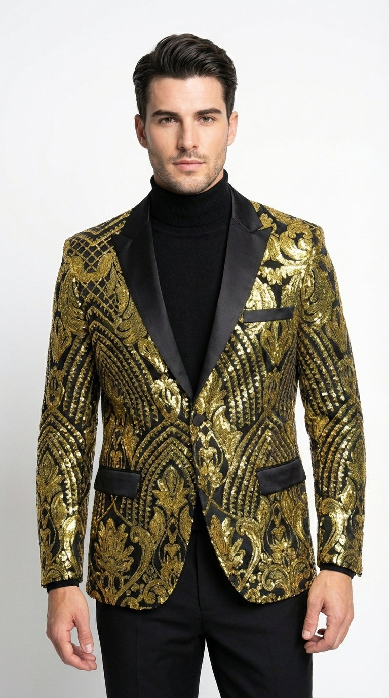 Mens Black and Gold Pattern Blazer – Gold Floral Luxury Formal Blazer Jacket for Prom, Wedding and Party Slim Fitted