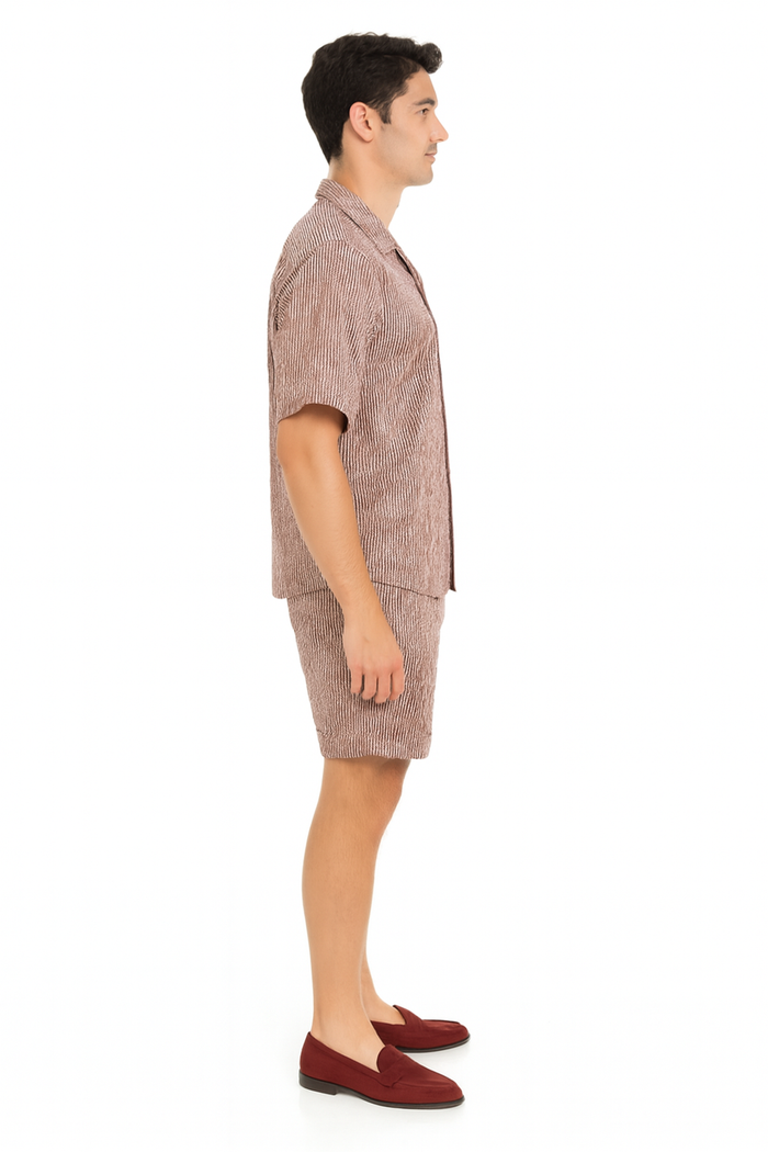 Men’s Burgundy Reddish Seersucker Short Set Walking Suit - Two-Piece Cuffed Shorts with Expandable Waist by USA Men's Outlet