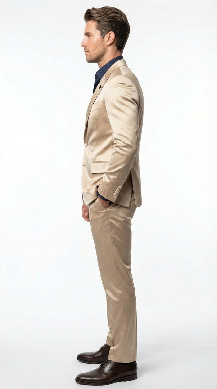 Men's Shiny Champagne Goldish Beige Gold Two Piece Suit – Luxury Formal Satin Finish Wedding, Party And evening elegant Wear 34 Short or Extra Small