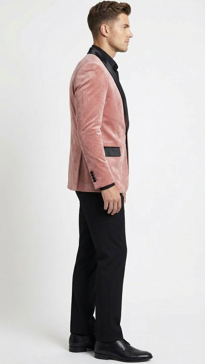 Men’s Dusty Rose Pink Velvet Blazer with Black Satin Lapel - Formal Sport Coat in Mauve Color + Bowtie USA Men's Outlet