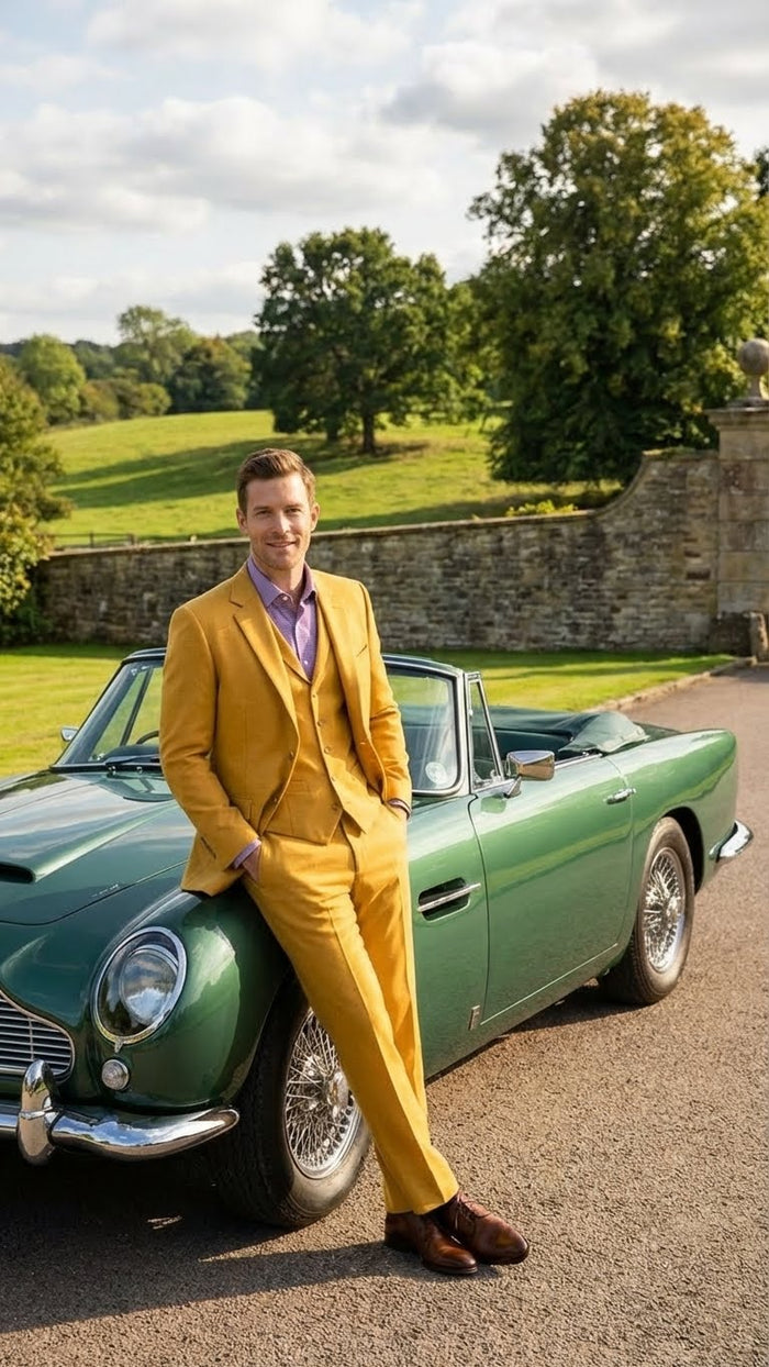 Men’s Mustard Yellow Three Piece Suit - 2 Button Notch Lapel Modern Fit in Gold Color - Church Suit by USA Men's Outlet