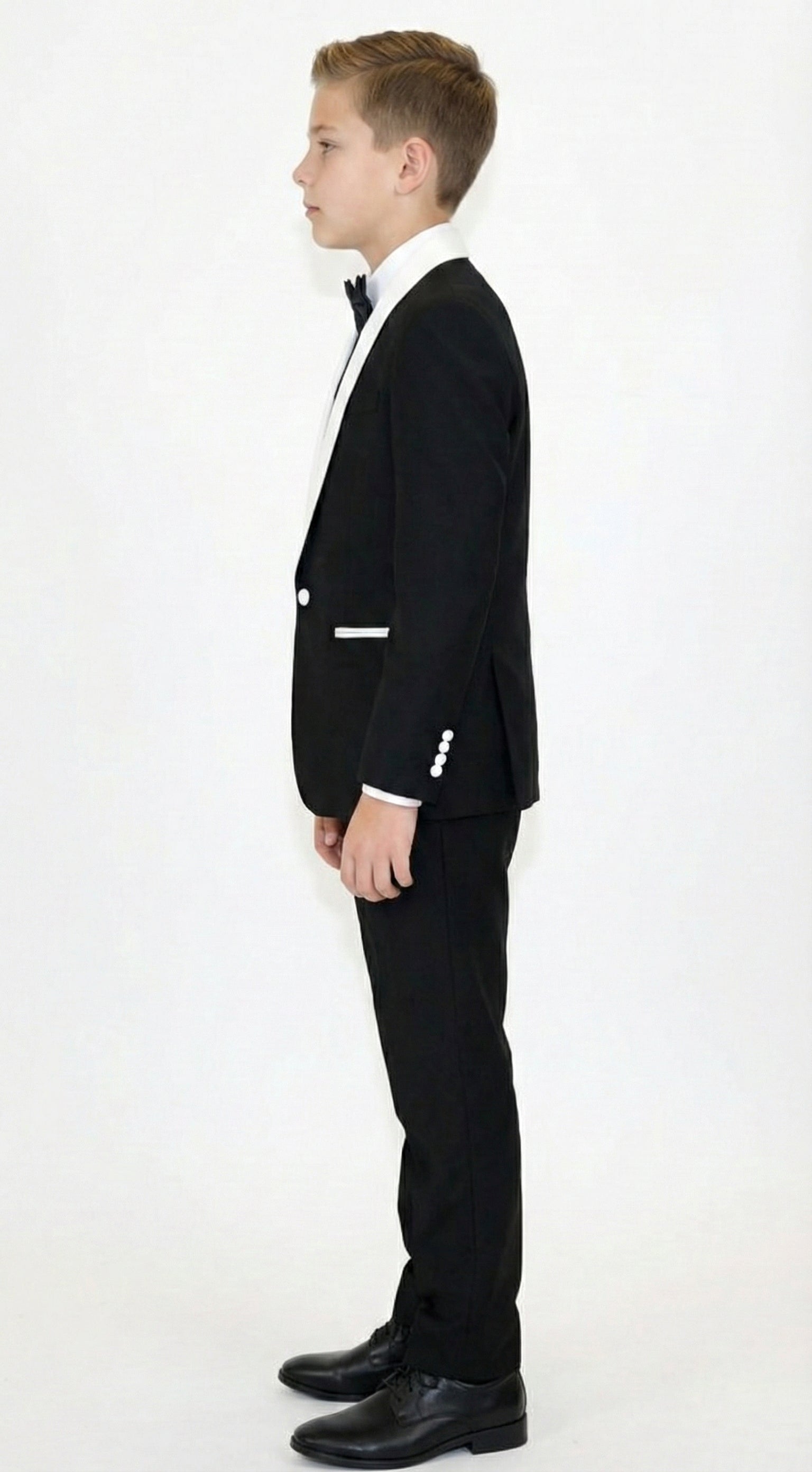 Boys Black Tuxedo Suit with White Shawl Lapel and Bow Tie | Formal Wedding & Prom Outfit Set