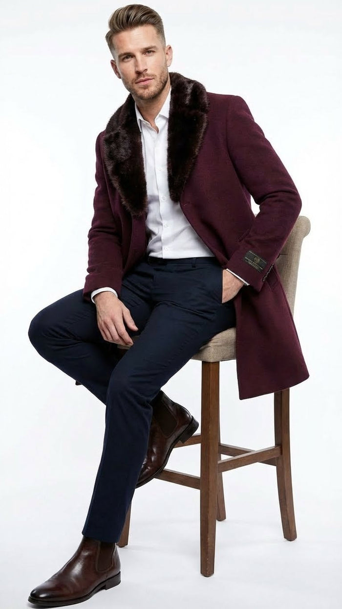 Men’s Burgundy Three Quarter Coat with Faux Fur Collar Overcoat - Luxury Winter Outerwear Three Quarter Carcoat Topcoat by USA Men's Outlet