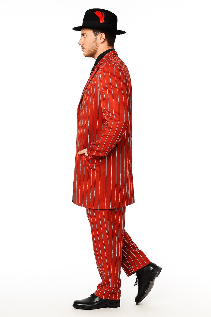 Men’s Red Pinstripe Zoot Suit - 1920s Gangster Pimp Style with Long Jacket & Matching Hat by USA Men's Outlet