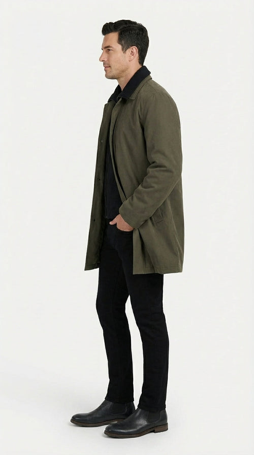 Mens Olive Brown Trench Coat Raincoat – Classic Water Resistant Long Coat with Zip and Button Closure for Business, Travel and Everyday Outerwear